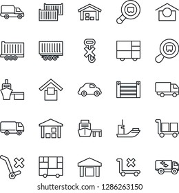 Thin Line Icon Set - sea shipping vector, truck trailer, cargo container, car delivery, port, consolidated, warehouse storage, no trolley, hook, search, moving