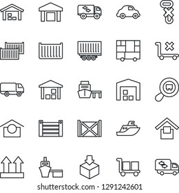 Thin Line Icon Set - sea shipping vector, truck trailer, cargo container, car delivery, port, consolidated, warehouse storage, up side sign, no trolley, hook, package, search, moving