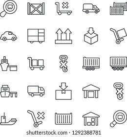 Thin Line Icon Set - sea shipping vector, truck trailer, cargo container, car delivery, port, consolidated, up side sign, no trolley, hook, warehouse, package, search