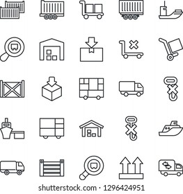 Thin Line Icon Set - sea shipping vector, truck trailer, cargo container, car delivery, port, consolidated, up side sign, no trolley, hook, package, search, warehouse, moving