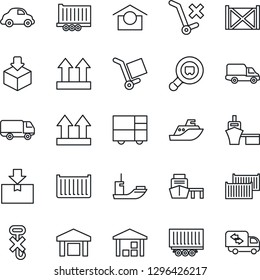 Thin Line Icon Set - sea shipping vector, truck trailer, cargo container, car delivery, port, consolidated, warehouse storage, up side sign, no trolley, hook, package, search, moving