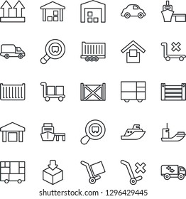 Thin Line Icon Set - sea shipping vector, truck trailer, cargo container, car delivery, port, consolidated, warehouse storage, up side sign, no trolley, package, search, moving