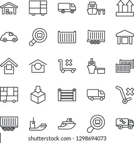 Thin Line Icon Set - sea shipping vector, truck trailer, cargo container, car delivery, port, consolidated, warehouse storage, up side sign, no trolley, package, search, moving