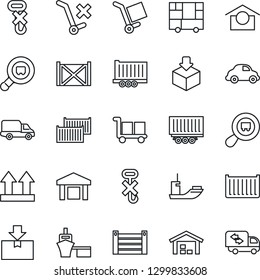 Thin Line Icon Set - Sea Shipping Vector, Truck Trailer, Cargo Container, Car Delivery, Port, Consolidated, Warehouse Storage, Up Side Sign, No Trolley, Hook, Package, Search, Moving