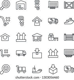 Thin Line Icon Set - sea shipping vector, truck trailer, car delivery, port, container, cargo, warehouse storage, up side sign, no trolley, hook, package, search, moving