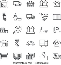 Thin Line Icon Set - sea shipping vector, truck trailer, cargo container, car delivery, port, consolidated, warehouse storage, up side sign, no trolley, hook, package, search, moving