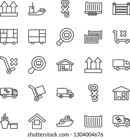 Thin Line Icon Set - sea shipping vector, truck trailer, cargo container, car delivery, port, consolidated, warehouse storage, up side sign, no trolley, hook, search, moving Thin Line Icon Set - sea shipping vector, truck trailer, cargo container, car delivery, port, consolidated, warehouse storage, up side sign, no trolley, hook, search, moving