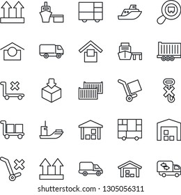 Thin Line Icon Set - sea shipping vector, truck trailer, cargo container, car delivery, port, consolidated, warehouse storage, up side sign, no trolley, hook, package, search, moving