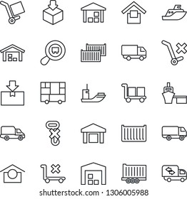 Thin Line Icon Set - sea shipping vector, truck trailer, cargo container, car delivery, port, consolidated, warehouse storage, no trolley, hook, package, search, moving