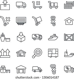 Thin Line Icon Set - sea shipping vector, truck trailer, cargo container, car delivery, port, consolidated, warehouse storage, up side sign, no trolley, hook, package, search, moving