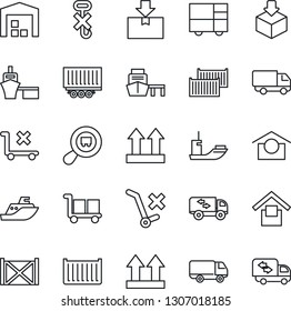 Thin Line Icon Set - sea shipping vector, truck trailer, cargo container, car delivery, port, consolidated, warehouse storage, up side sign, no trolley, hook, package, search, moving