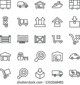 Thin Line Icon Set - sea shipping vector, truck trailer, car delivery, port, container, consolidated cargo, warehouse storage, up side sign, no trolley, hook, package, search, moving