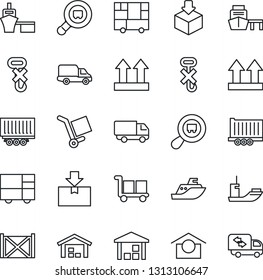 Thin Line Icon Set - sea shipping vector, truck trailer, car delivery, port, container, consolidated cargo, warehouse storage, up side sign, no hook, package, search, moving
