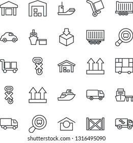 Thin Line Icon Set - sea shipping vector, truck trailer, car delivery, port, container, consolidated cargo, warehouse storage, up side sign, no hook, package, search, moving