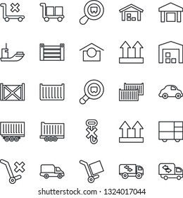 Thin Line Icon Set - sea shipping vector, truck trailer, cargo container, car delivery, consolidated, warehouse storage, up side sign, no trolley, hook, search, moving