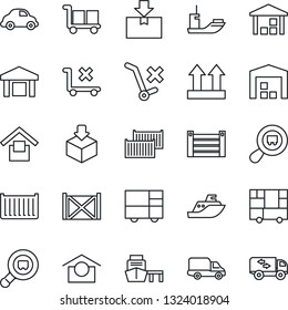Thin Line Icon Set - sea shipping vector, cargo container, car delivery, port, consolidated, warehouse storage, up side sign, no trolley, package, search, moving
