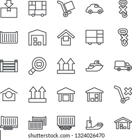 Thin Line Icon Set - sea shipping vector, truck trailer, cargo container, car delivery, consolidated, warehouse storage, up side sign, no trolley, hook, package, search