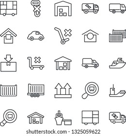 Thin Line Icon Set - sea shipping vector, truck trailer, cargo container, car delivery, port, consolidated, warehouse storage, up side sign, no trolley, hook, package, search, moving