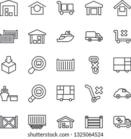 Thin Line Icon Set - sea shipping vector, truck trailer, cargo container, car delivery, port, consolidated, warehouse storage, no trolley, hook, package, search, moving