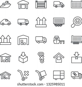 Thin Line Icon Set - sea shipping vector, truck trailer, cargo container, car delivery, port, consolidated, warehouse storage, up side sign, no trolley, hook, package, search, moving