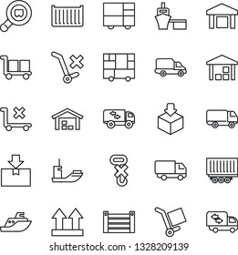 Thin Line Icon Set - sea shipping vector, truck trailer, cargo container, car delivery, port, consolidated, up side sign, no trolley, hook, warehouse, package, search, moving