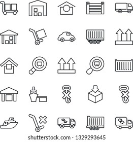 Thin Line Icon Set - sea shipping vector, truck trailer, cargo container, car delivery, port, warehouse storage, up side sign, no trolley, hook, package, search, moving