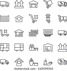 Thin Line Icon Set - sea shipping vector, truck trailer, cargo container, car delivery, port, consolidated, warehouse storage, up side sign, no trolley, hook, moving