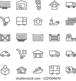 Thin Line Icon Set - sea shipping vector, truck trailer, cargo container, car delivery, port, consolidated, warehouse storage, no trolley, hook, package, moving