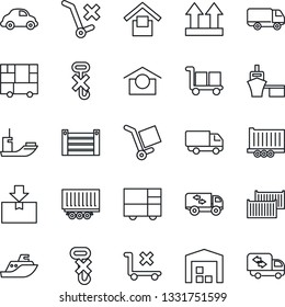 Thin Line Icon Set - sea shipping vector, truck trailer, cargo container, car delivery, port, consolidated, warehouse storage, up side sign, no trolley, hook, package, moving