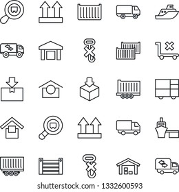 Thin Line Icon Set - sea shipping vector, truck trailer, cargo container, car delivery, port, consolidated, warehouse storage, up side sign, no trolley, hook, package, search, moving