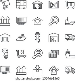Thin Line Icon Set - sea shipping vector, truck trailer, cargo container, port, consolidated, warehouse storage, up side sign, no trolley, hook, package, search, moving
