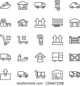 Thin Line Icon Set - sea shipping vector, truck trailer, car delivery, port, container, consolidated cargo, warehouse storage, up side sign, no trolley, hook, package, moving