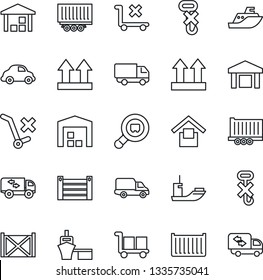 Thin Line Icon Set - sea shipping vector, truck trailer, cargo container, car delivery, port, warehouse storage, up side sign, no trolley, hook, search, moving