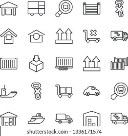 Thin Line Icon Set - sea shipping vector, truck trailer, cargo container, car delivery, consolidated, warehouse storage, up side sign, no trolley, hook, package, search, moving