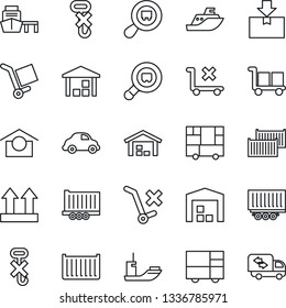Thin Line Icon Set - sea shipping vector, truck trailer, cargo container, car delivery, port, consolidated, warehouse storage, up side sign, no trolley, hook, package, search, moving