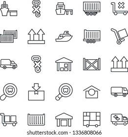 Thin Line Icon Set - sea shipping vector, truck trailer, cargo container, car delivery, port, consolidated, warehouse storage, up side sign, no trolley, hook, package, search, moving
