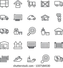 Thin Line Icon Set - sea shipping vector, truck trailer, cargo container, car delivery, port, consolidated, warehouse storage, up side sign, no hook, search, moving