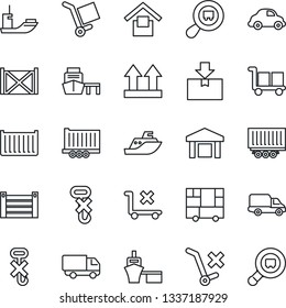 Thin Line Icon Set - sea shipping vector, truck trailer, cargo container, car delivery, port, consolidated, warehouse storage, up side sign, no trolley, hook, package, search