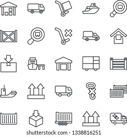 Thin Line Icon Set - sea shipping vector, truck trailer, cargo container, car delivery, port, consolidated, warehouse storage, up side sign, no trolley, hook, package, search, moving