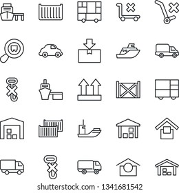 Thin Line Icon Set - sea shipping vector, cargo container, car delivery, port, consolidated, warehouse storage, up side sign, no trolley, hook, package, search