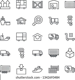 Thin Line Icon Set - sea shipping vector, truck trailer, cargo container, car delivery, port, consolidated, warehouse storage, up side sign, no trolley, hook, package, search, moving
