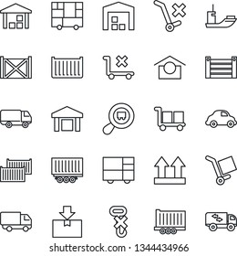Thin Line Icon Set - sea shipping vector, truck trailer, cargo container, car delivery, consolidated, warehouse storage, up side sign, no trolley, hook, package, search, moving