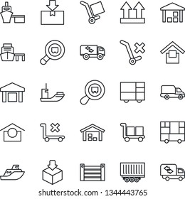 Thin Line Icon Set - sea shipping vector, truck trailer, car delivery, port, container, consolidated cargo, warehouse storage, up side sign, no trolley, package, search, moving