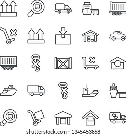 Thin Line Icon Set - sea shipping vector, truck trailer, car delivery, port, container, cargo, warehouse storage, up side sign, no trolley, hook, package, search, moving