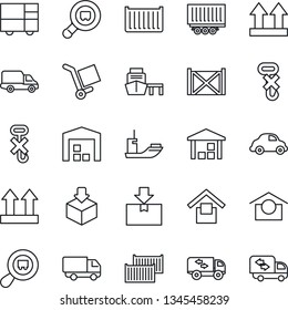 Thin Line Icon Set - sea shipping vector, truck trailer, cargo container, car delivery, port, consolidated, warehouse storage, up side sign, no hook, package, search, moving