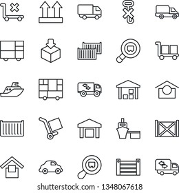 Thin Line Icon Set - sea shipping vector, cargo container, car delivery, port, consolidated, warehouse storage, up side sign, no trolley, hook, package, search, moving
