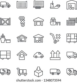 Thin Line Icon Set - sea shipping vector, truck trailer, cargo container, car delivery, port, consolidated, warehouse storage, up side sign, no trolley, hook, package, moving