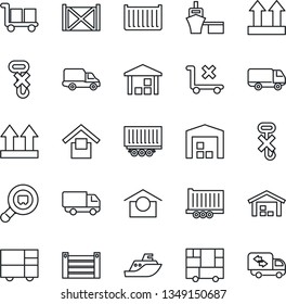 Thin Line Icon Set - sea shipping vector, truck trailer, cargo container, car delivery, port, consolidated, warehouse storage, up side sign, no trolley, hook, search, moving