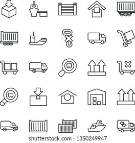 Thin Line Icon Set - sea shipping vector, truck trailer, cargo container, car delivery, port, warehouse storage, up side sign, no trolley, hook, package, search, moving