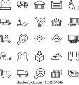 Thin Line Icon Set - sea shipping vector, truck trailer, cargo container, car delivery, port, consolidated, warehouse storage, up side sign, no trolley, package, search, moving